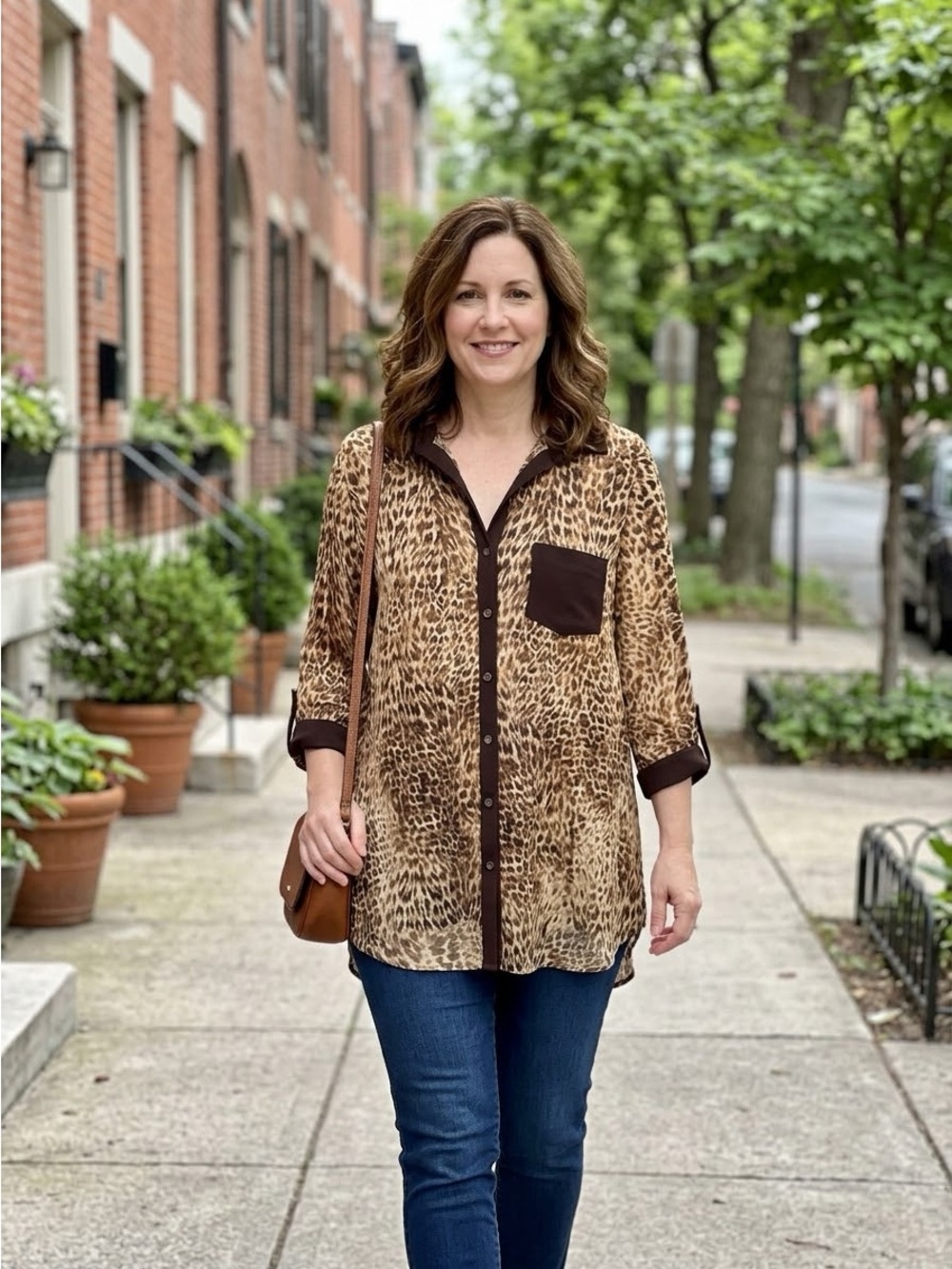 Nygard Animal Print Button Front Tunic Shirt Roll Tab Sleeve XL NWOT/Like New